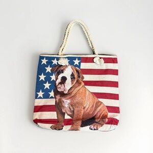 Trendy MEMORIES Bulldog USA Flag Canvas Tote Bag Rope Handles Large